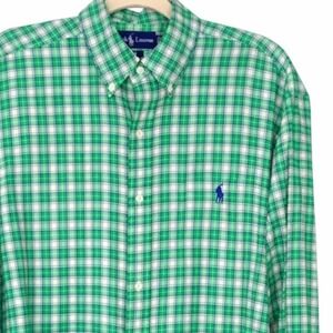 Ralph Lauren Mens Large Blake Button Down Shirt Green White Plaid Long Sleeve